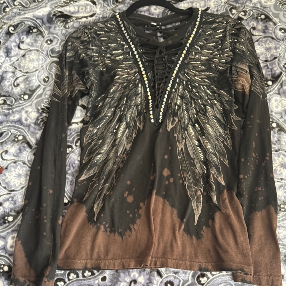 Aeropostale Graphic Embellished Long Sleeve Blouse Brown Black